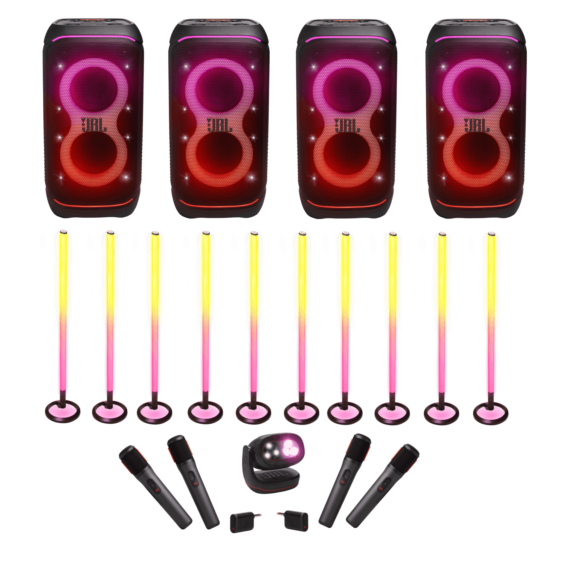 JBL Party Complete Pack – neljä JBL PartyBox 320 -kaiutinta, neljä langatonta mikrofonia ja kymmenen PartyLight Stick -valosauvaa sekä PartyLight Beam bilevalo vuokrattavana Oulussa.